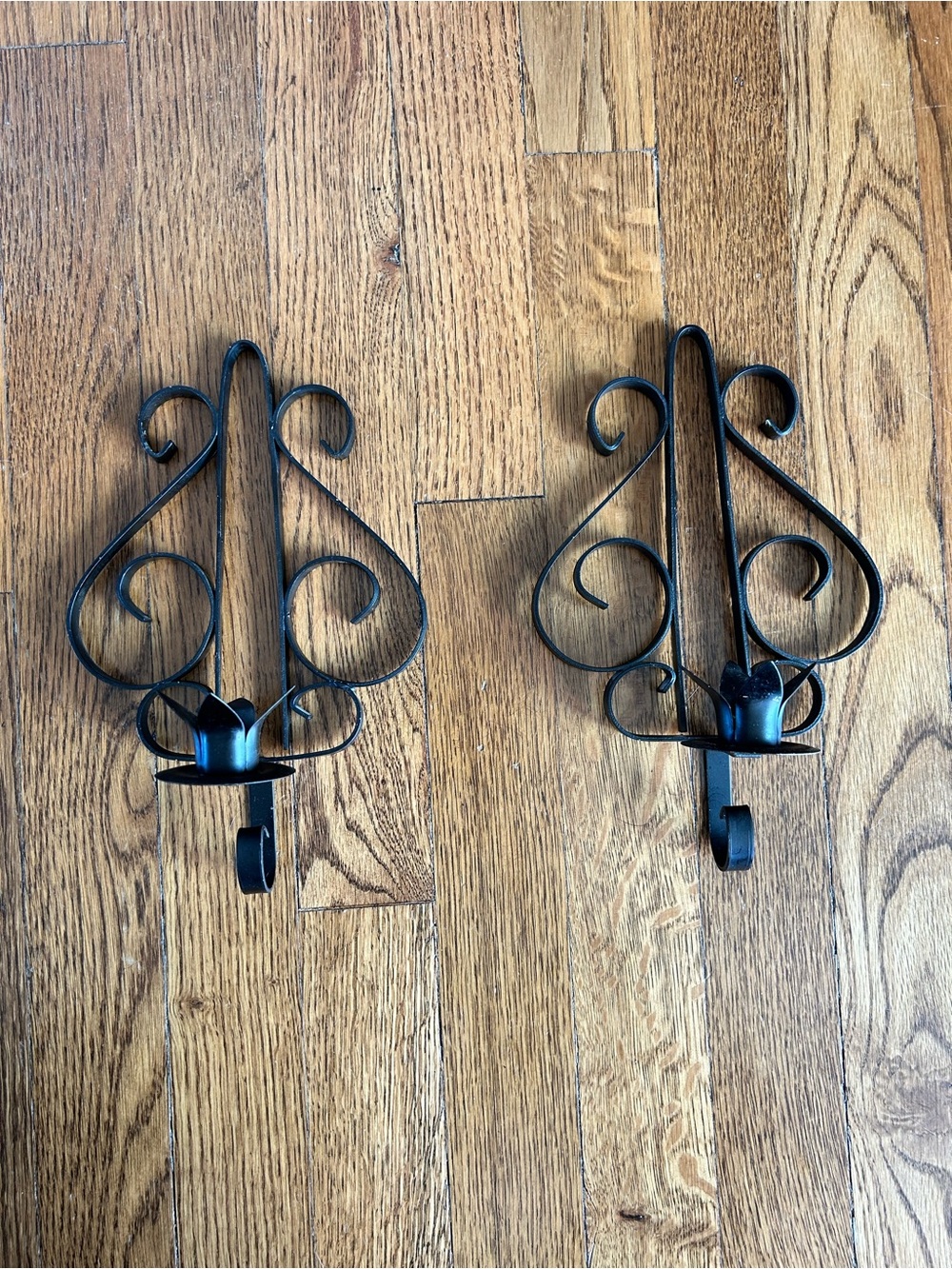 Matching Pair of Vintage Black Wrought Iron Metal Wall Candle Sconces